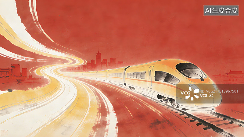 【AI数字艺术】古风意境写意水墨高铁列车在铁轨上行驶城市交通旅游出行春运回家图片素材