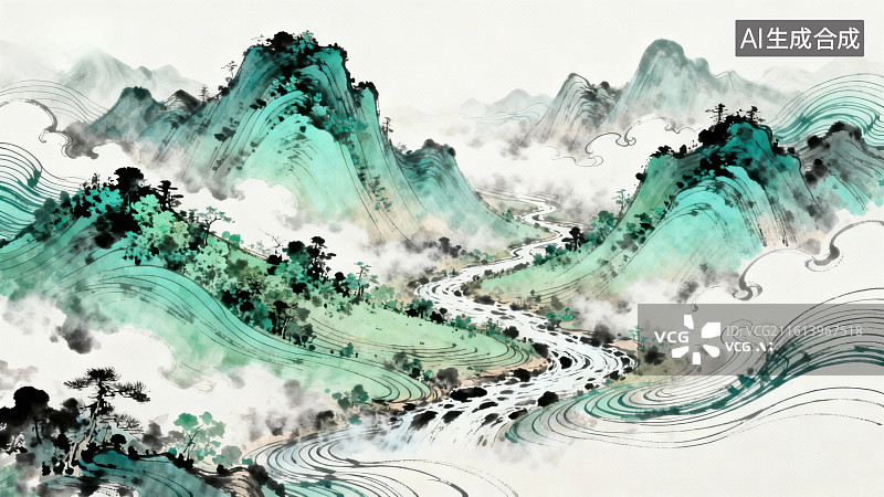 【AI数字艺术】山水云雾水墨画图片素材