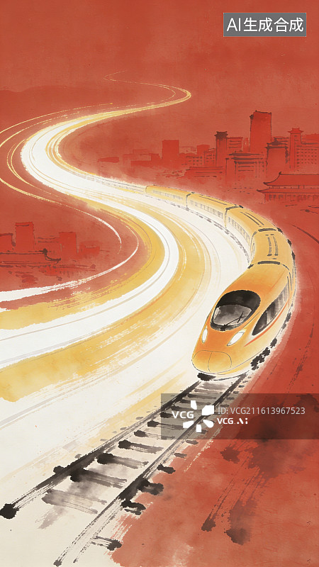 【AI数字艺术】古风意境写意水墨高铁列车在铁轨上行驶城市交通旅游出行春运回家图片素材