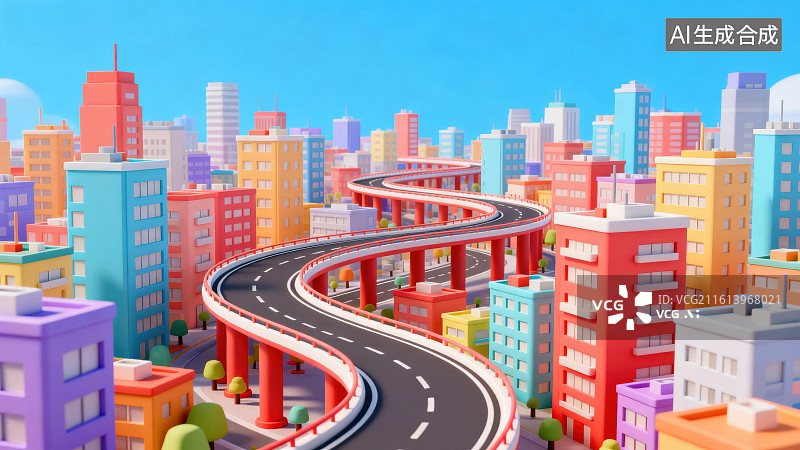 【AI数字艺术】彩色城市中的蜿蜒高架路图片素材