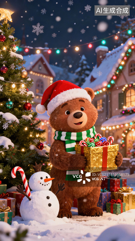 【AI数字艺术】圣诞熊送礼雪景图片素材