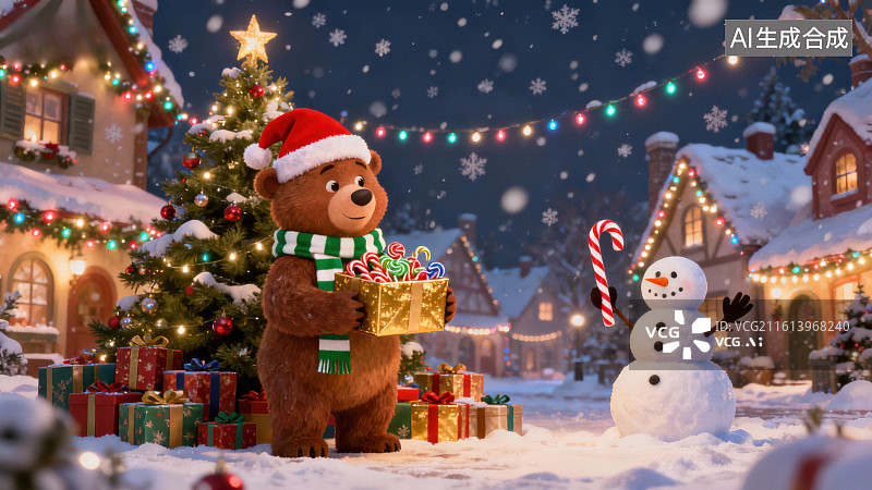 【AI数字艺术】圣诞熊送礼雪景图片素材
