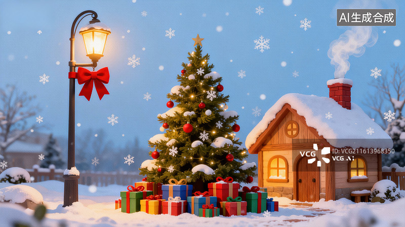 【AI数字艺术】雪夜圣诞树与小屋图片素材