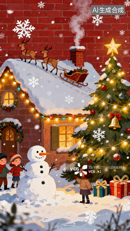 【AI数字艺术】雪夜圣诞家庭欢庆场景图片素材