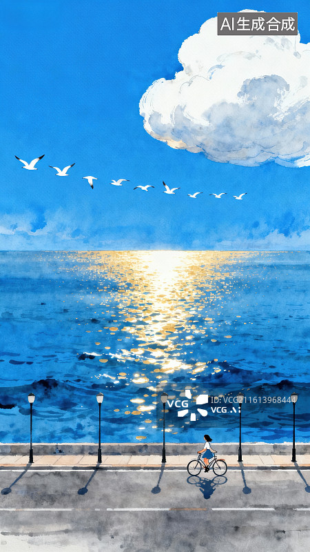 【AI数字艺术】海边日落与飞鸟图片素材