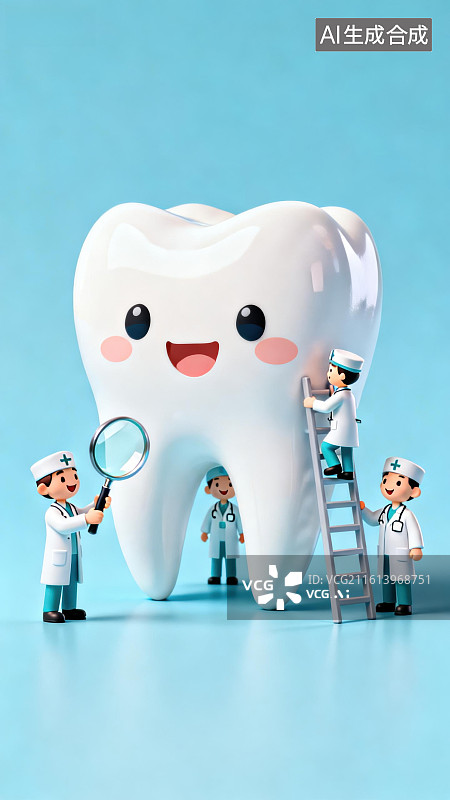 【AI数字艺术】卡通牙齿与牙医检查场景图片素材