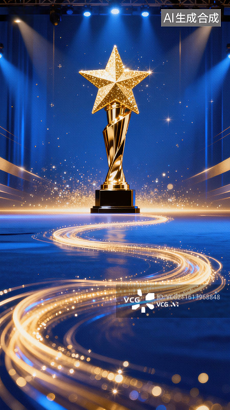 【AI数字艺术】金色星形奖杯闪耀舞台图片素材