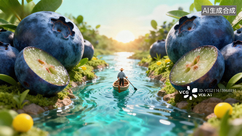 【AI数字艺术】蓝莓溪流中的小船图片素材