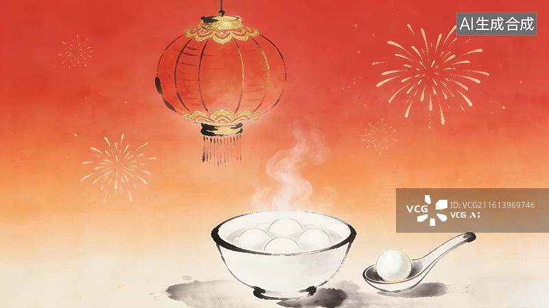 【AI数字艺术】古风意境写意水墨正月十五元宵节红灯笼下盛着汤圆的白色瓷碗图片素材