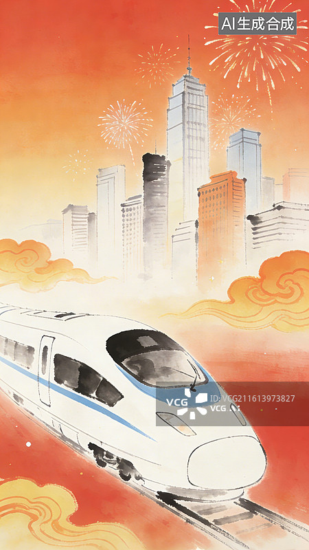 【AI数字艺术】古风意境写意水墨高铁列车在铁轨上行驶城市交通旅游出行春运回家图片素材