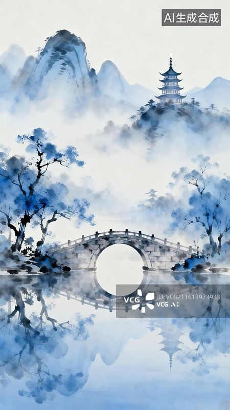 【AI数字艺术】水墨山水桥塔倒影图片素材