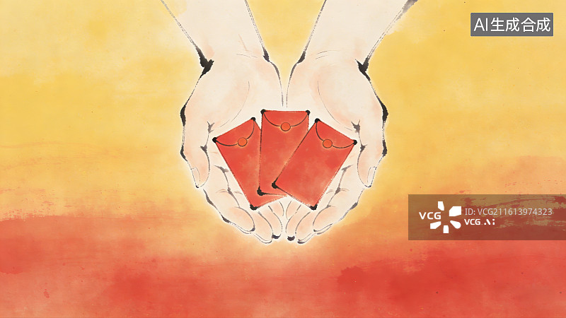 【AI数字艺术】古风意境写意水墨双手捧着红包压岁钱图片素材