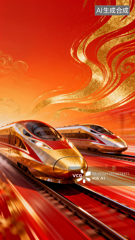 【AI数字艺术】高速列车疾驰在红色轨道上图片素材