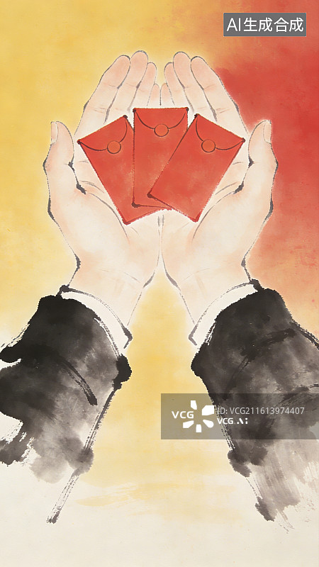 【AI数字艺术】古风意境写意水墨双手捧着红包压岁钱图片素材