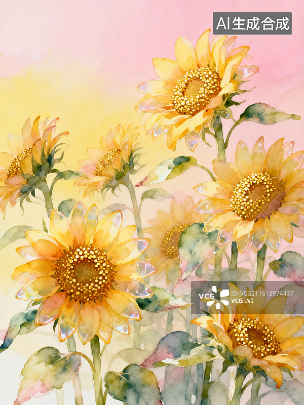 【AI数字艺术】水彩向日葵花卉画图片素材
