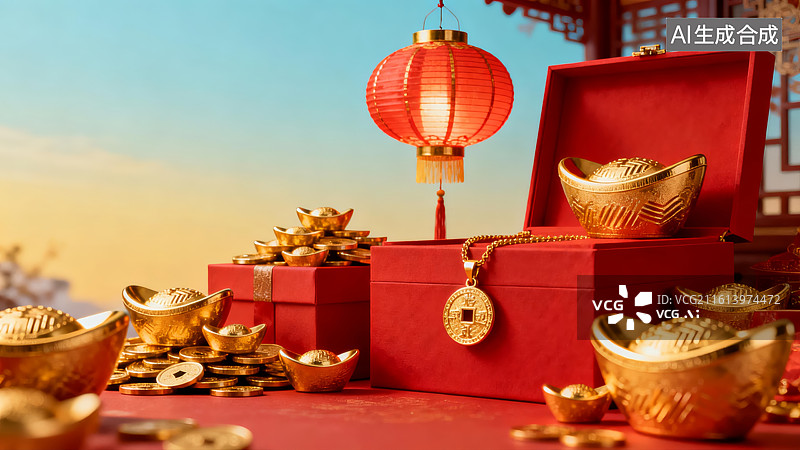 【AI数字艺术】春节金元宝与红灯笼图片素材