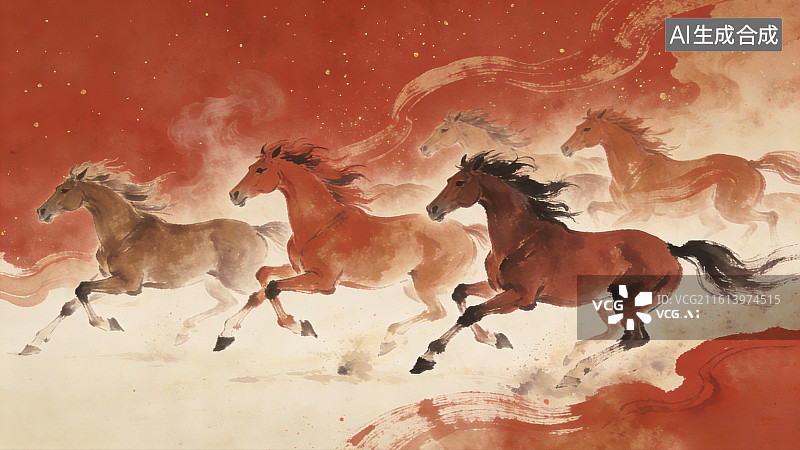 【AI数字艺术】古风意境写意水墨多匹奔腾奔跑的骏马图片素材