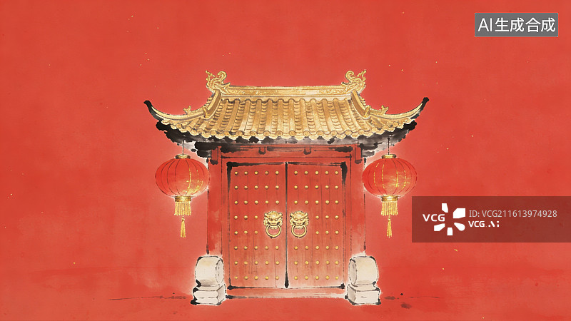 【AI数字艺术】古风意境写意水墨悬挂红灯笼的朱漆双开大门中式门庭图片素材
