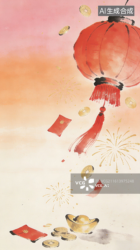 【AI数字艺术】古风意境写意水墨红色灯笼周围散落着红包金元宝与铜钱新春招财主题图片素材