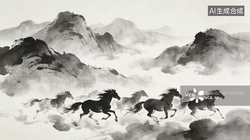 【AI数字艺术】古风意境写意水墨山峦起伏多匹奔腾奔跑的骏马图片素材