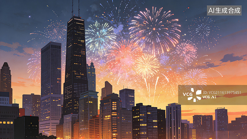 【AI数字艺术】城市夜空绽放烟花图片素材