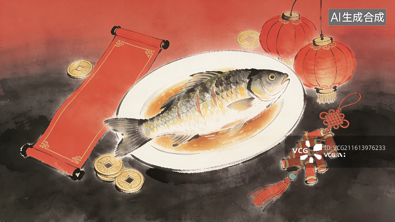 【AI数字艺术】古风意境写意水墨一盘饺子旁边红灯笼鞭炮卷轴中国结铜钱年俗主题图片素材