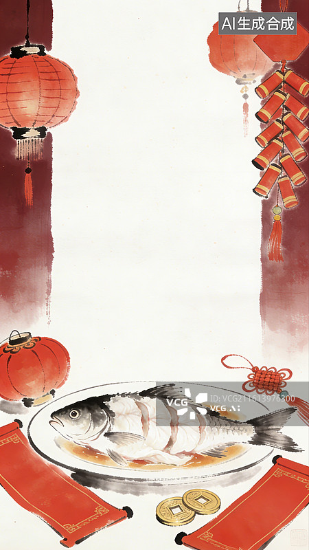 【AI数字艺术】古风意境写意水墨一盘饺子旁边红灯笼鞭炮卷轴中国结铜钱年俗主题图片素材