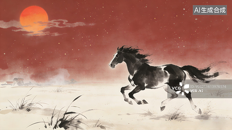 【AI数字艺术】古风意境写意水墨草原上奔腾奔跑的骏马图片素材