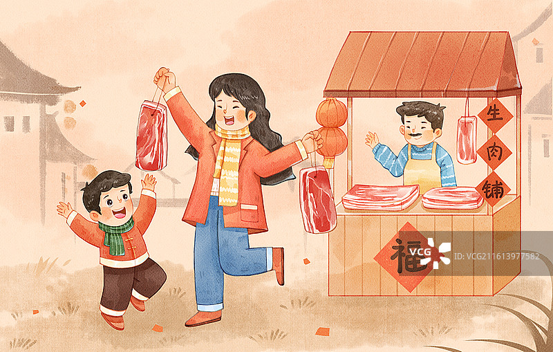 手绘水彩小年中国风和妈妈一起买年肉横图插画图片素材