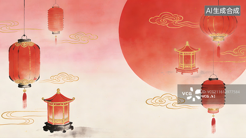 【AI数字艺术】古风意境写意水墨悬挂着红色灯笼主题图片素材
