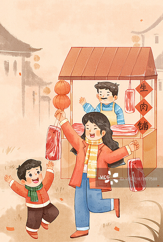 手绘水彩小年中国风和妈妈一起买年肉竖图插画图片素材