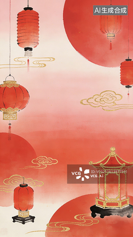 【AI数字艺术】古风意境写意水墨悬挂着红色灯笼主题图片素材