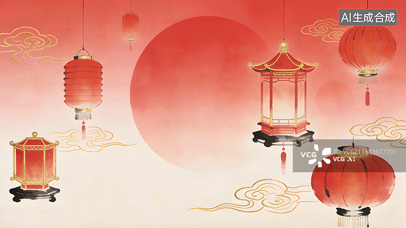 【AI数字艺术】古风意境写意水墨悬挂着红色灯笼主题图片素材