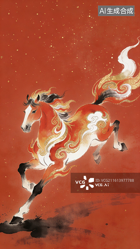 【AI数字艺术】古风意境写意水墨奔腾奔跑的祥云组成的骏马图片素材