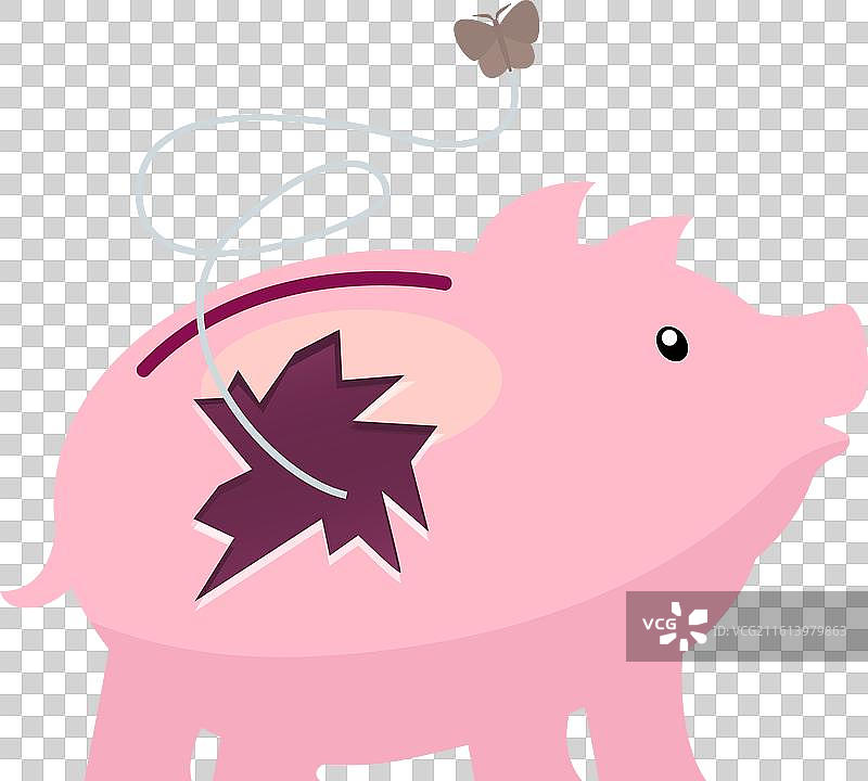 粉色的小猪存钱罐正在失去金钱，就像蝴蝶一样图片素材