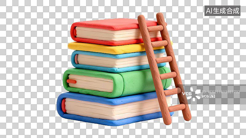 【AI数字艺术】卡通粘土风格一堆叠在一起的书和梯子图片素材