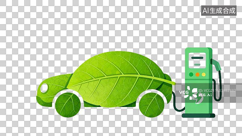 【AI数字艺术】绿色环保汽车的未来  新能源汽车绿色叶子插画 由绿色树叶组成的新能源汽车插画图片素材