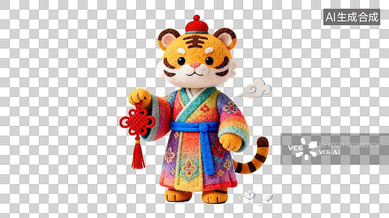 【AI数字艺术】卡通毛毡风格的十二生肖拿红色中国结  身穿中国风红色喜庆服饰祥云环绕的十二生肖形象图片素材