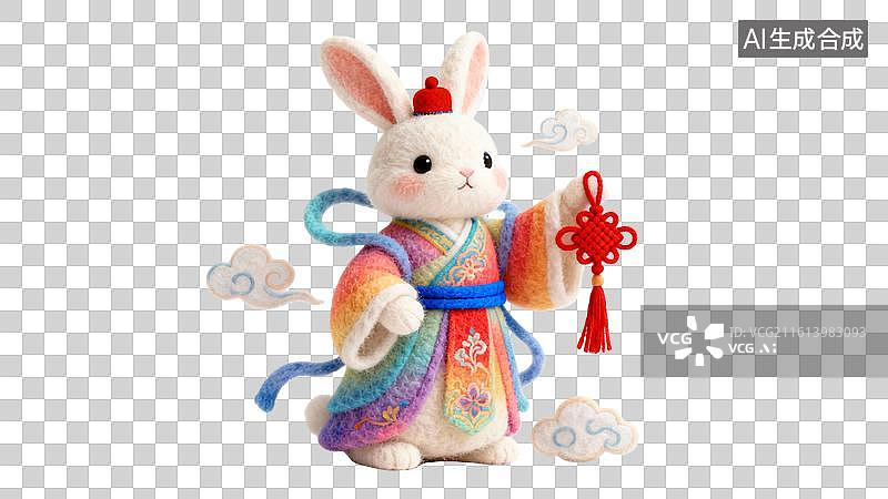 【AI数字艺术】卡通毛毡风格的十二生肖拿红色中国结  身穿中国风红色喜庆服饰祥云环绕的十二生肖形象图片素材