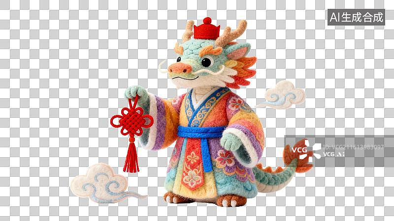 【AI数字艺术】卡通毛毡风格的十二生肖拿红色中国结  身穿中国风红色喜庆服饰祥云环绕的十二生肖形象图片素材