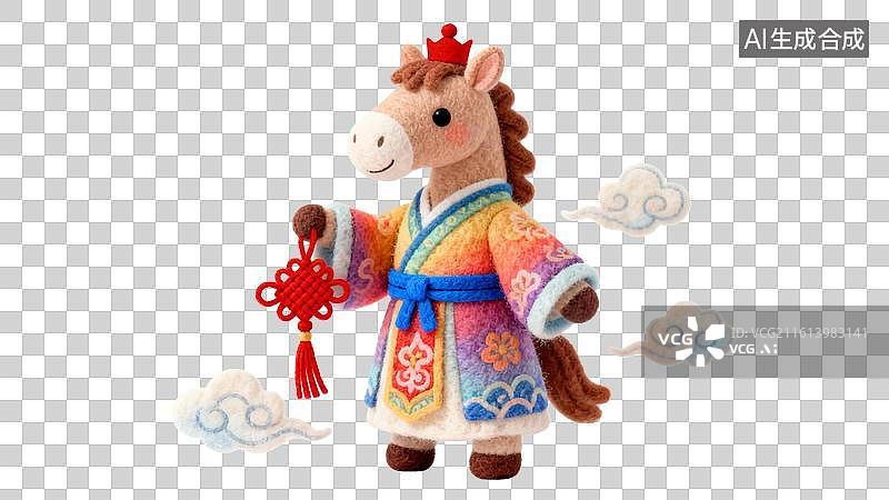 【AI数字艺术】卡通毛毡风格的十二生肖拿红色中国结  身穿中国风红色喜庆服饰祥云环绕的十二生肖形象图片素材