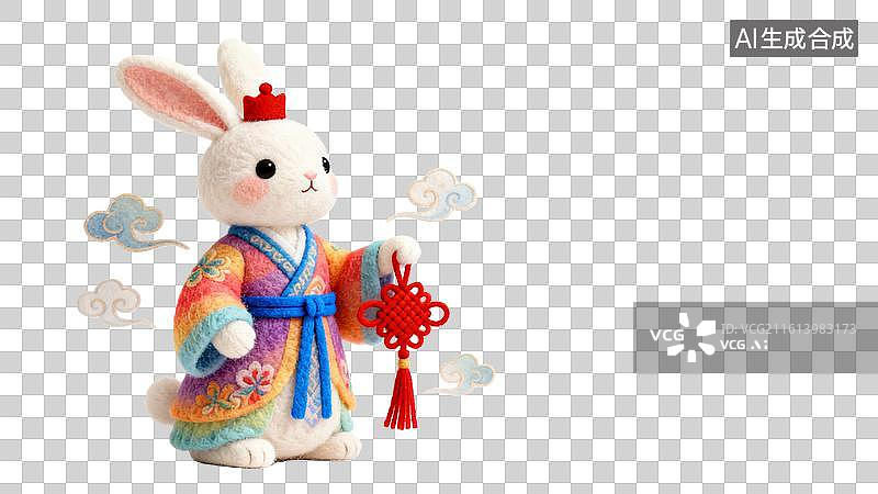 【AI数字艺术】卡通毛毡风格的十二生肖拿红色中国结  身穿中国风红色喜庆服饰祥云环绕的十二生肖形象图片素材