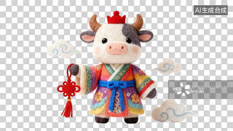 【AI数字艺术】卡通毛毡风格的十二生肖拿红色中国结  身穿中国风红色喜庆服饰祥云环绕的十二生肖形象图片素材