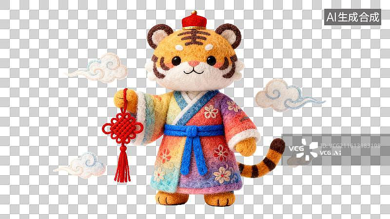 【AI数字艺术】卡通毛毡风格的十二生肖拿红色中国结  身穿中国风红色喜庆服饰祥云环绕的十二生肖形象图片素材