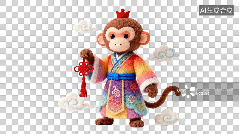 【AI数字艺术】卡通毛毡风格的十二生肖拿红色中国结  身穿中国风红色喜庆服饰祥云环绕的十二生肖形象图片素材