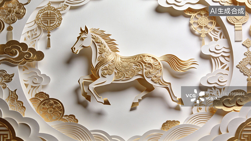 【AI数字艺术】金色骏马剪纸艺术图案图片素材