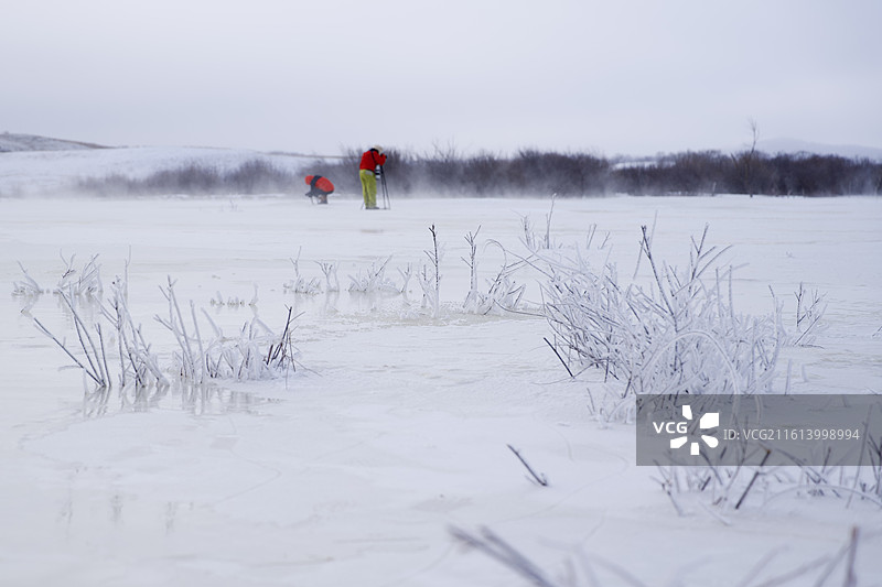 大寒乌兰布统湖泊河流冰面雾凇树挂树枝冬天雪景图片素材