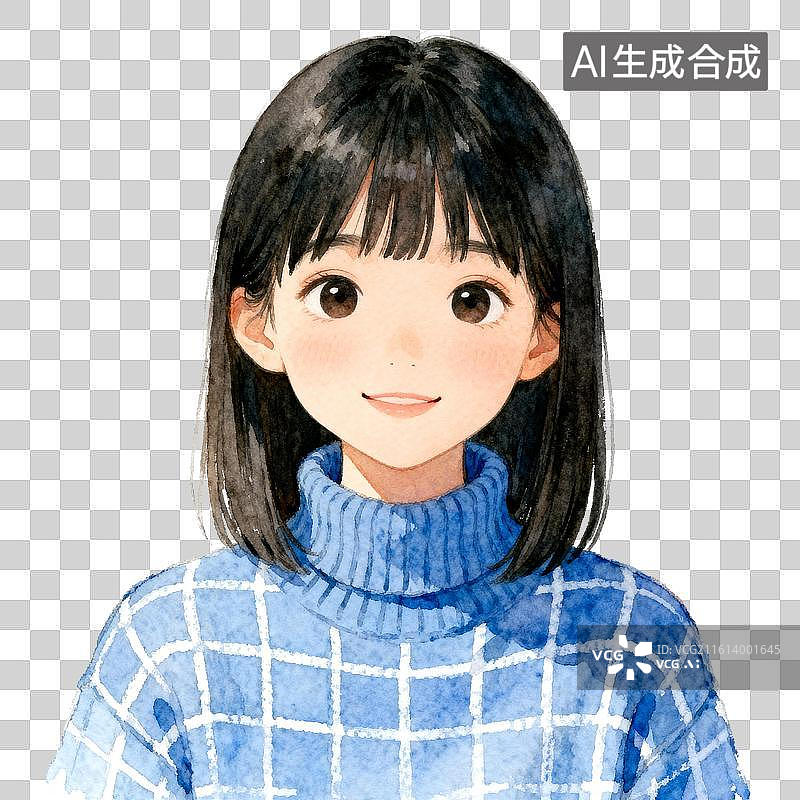 【AI数字艺术】[免抠PNG素材]微笑的亚洲女孩水彩肖像图片素材