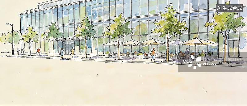 【AI数字艺术】现代都市商业办公综合体户外水彩建筑插画图片素材