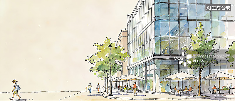 【AI数字艺术】现代都市商业办公综合体户外水彩建筑插画图片素材